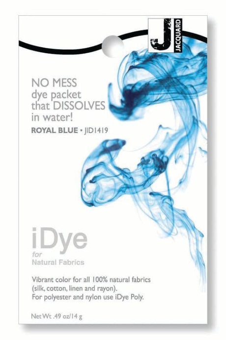 Dissolvable packet of iDYE in Royal Blue, ideal for dyeing natural fabrics like cotton and silk, ensuring vibrant colors.
