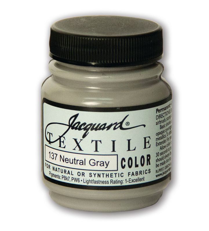 JACQUARD TEXTILE COLOURS NEUTRAL GREY 137 in 66.54ml bottle, ideal for versatile fabric painting with vibrant, soft results.