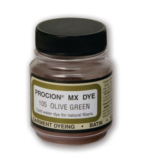 Procion MX Dye in Olive Green, 18.71g; vibrant, cold water dye for cotton and linen, perfect for tie dye and batik techniques.