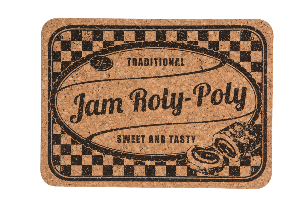 Cork tablemats featuring Jam Roly-Poly and Treacle Tart designs, perfect for adding style to dining spaces.