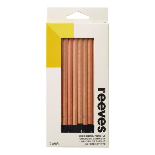 Reeves Sketching Pencil Set of 12, featuring various graphite hardness, pastels, sharpener, eraser, and blending tools for artists.