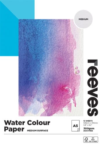 A5 Reeves Water Colour Paper Pad with 12 sheets of 300GSM cold pressed, perfect for watercolours and blending techniques.