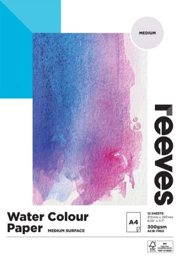 A4 300GSM Reeves Water Colour Paper Pad with 12 sheets, ideal for vibrant watercolor paintings and techniques.