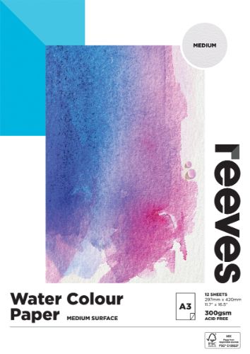 Reeves A3 Water Colour Paper Pad 300GSM, 12 sheets, ideal for vibrant watercolor paints and blending without buckling.