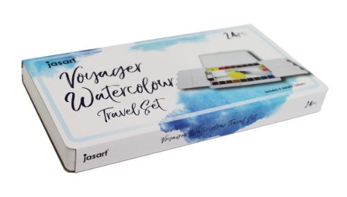 Jasart Water Colour Voyager Travel Set with 24 vibrant half pans, including 4 metallics, and essential painting accessories.