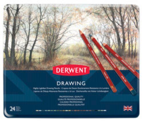 Derwent Drawing Pencils 24 set featuring soft, creamy pencils for wildlife, nature, and portrait art in an elegant wooden case.