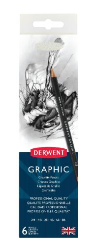 Derwent Graphic Pencils 6 set showcasing versatile graphite pencils from 9H to 9B, ideal for detailed illustrations and shading.