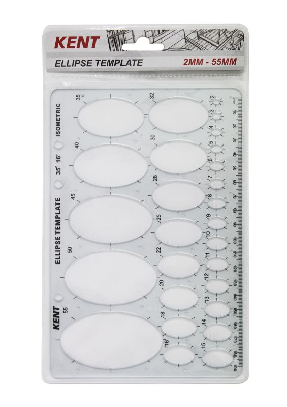 Kent Templates Ellipse: flexible plastic template featuring 26 isometric ellipses and ink boss risers for precise technical drawing.