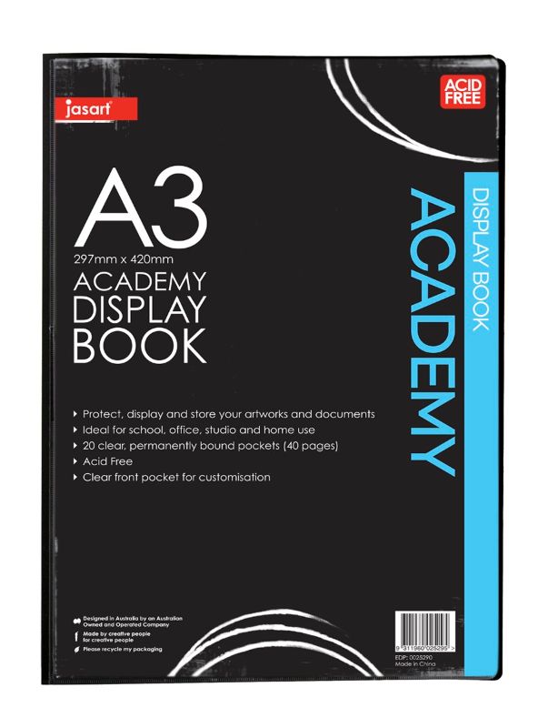 Durable A3 display book with 20 clear pockets, acid-free design, and customizable front for organizing documents and art.