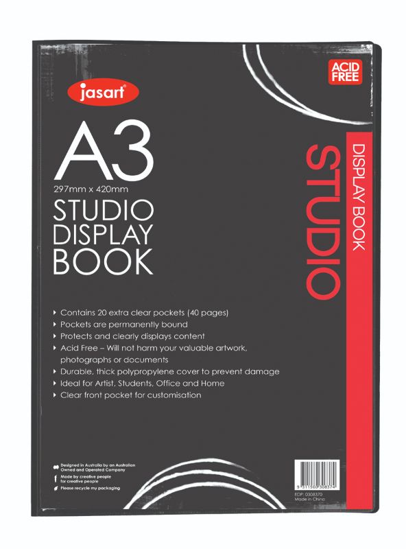 Jasart Studio Display Book (A3) featuring a customizable front cover pocket and acid-free, permanently bound pages for protection.