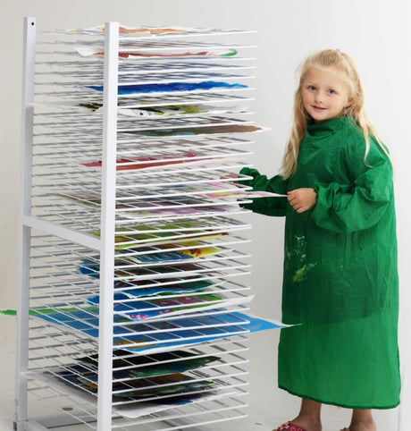 Jasart Art Drying Rack with 36 trays, durable metal frame, and mobile design for efficient artwork drying and storage.