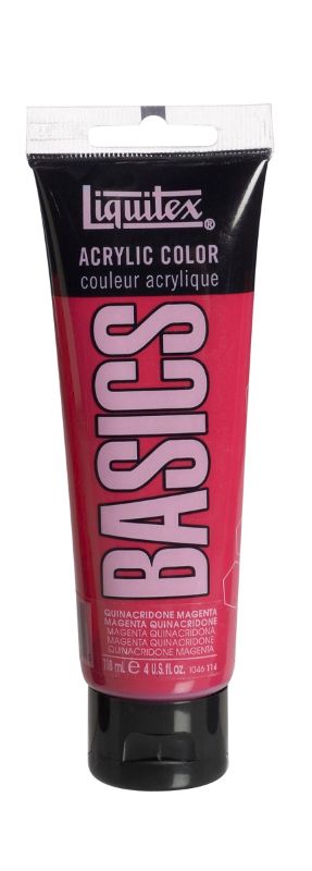 Liquitex Basics Acrylic Paint in Quinacridone Magenta, 118ml tube, vibrant color with satin finish, perfect for artists.