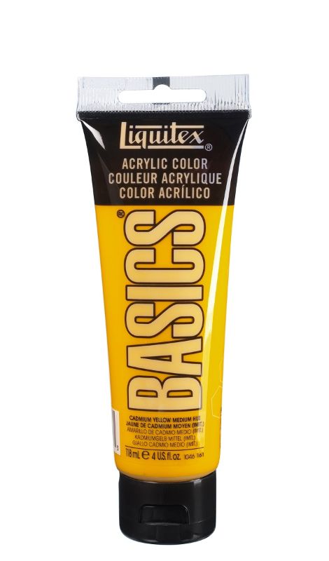 A 118ml tube of Liquitex Basics Acrylic Paint in vibrant Cadmium Yellow Medium Hue, ideal for artists and color mixing.