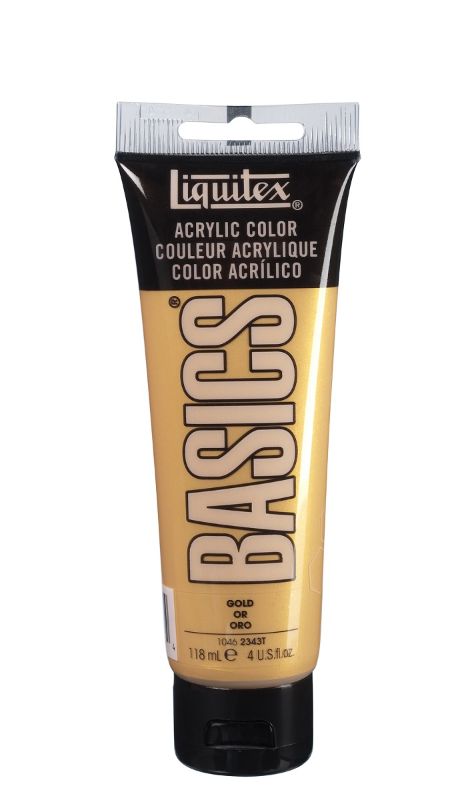A 118ml tube of vibrant gold acrylic paint with creamy texture, ideal for various surfaces and color mixing.