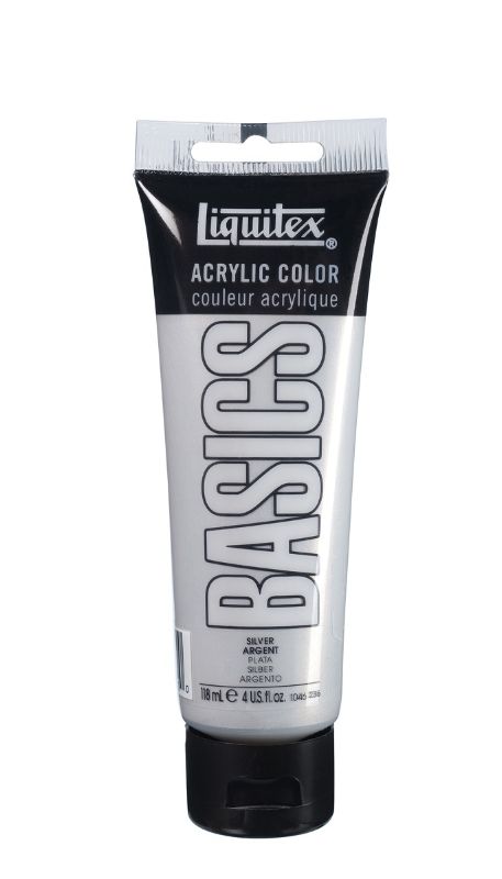 Liquitex Basics Acrylic Paint in Silver, 118ml tube, smooth application, satin finish, ideal for artists and color mixing.