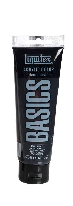 Liquitex Basics Acrylic Paint in Mars Black, 118ml, thick, creamy, satin finish, vibrant color, ideal for artists and crafters.