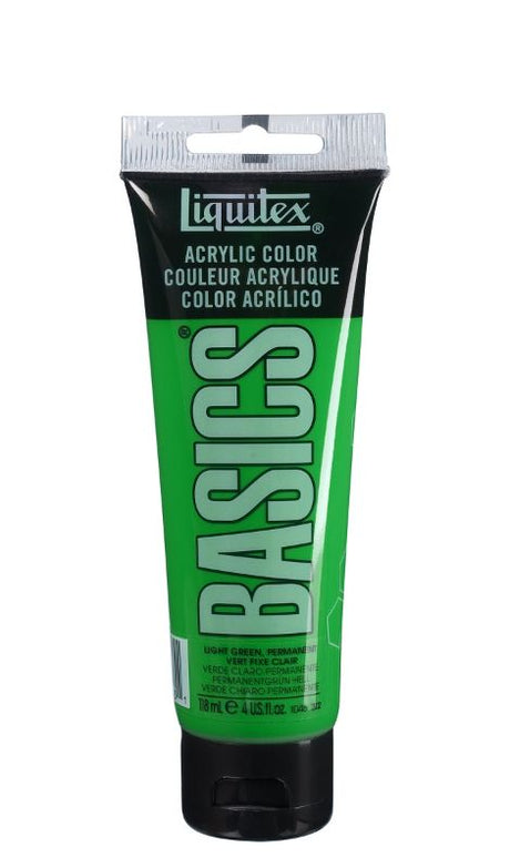 Liquitex Basics Acrylic Paint in Light Green (118ml) – creamy, high-pigment paint ideal for vibrant landscapes and artistic expression.