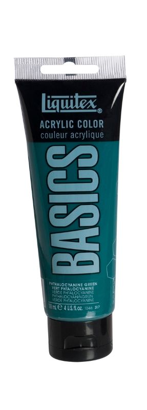 A 118ml tube of Liquitex Basics Acrylic Paint in vibrant Phthalo Green, perfect for artists with excellent pigment load.