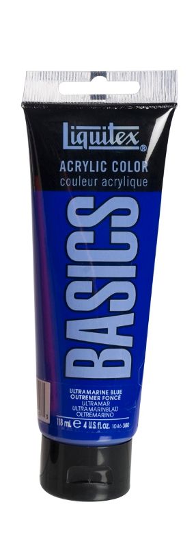 Liquitex Basics 118ml Acrylic Paint in Ultramarine Blue, featuring a thick texture and satin finish for vibrant artwork.