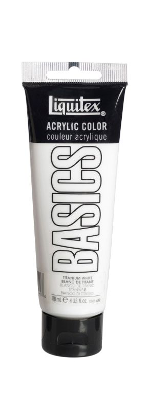 Liquitex Basics Acrylic Paint in Titanium White, 118ml tube, featuring a thick texture and vibrant, satin finish for artists.