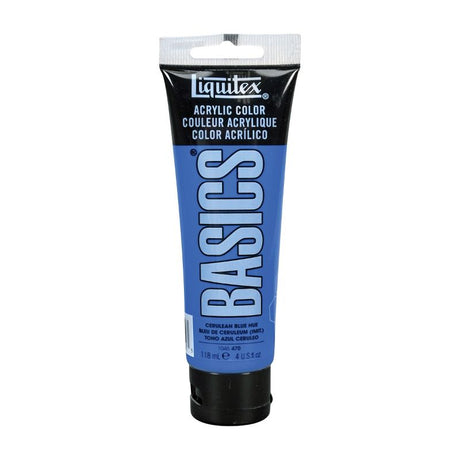 Liquitex Basics Acrylic Paint in Ceruleum Blue Hue (118ml), thick texture, satin finish, ideal for texture techniques.