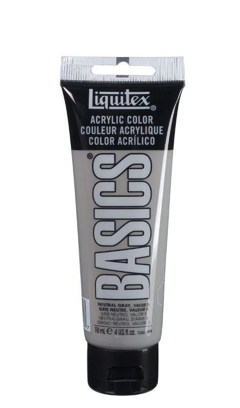 A 118ml tube of Liquitex Basics Acrylic Paint in Neutral Grey Value 5, ideal for vibrant color mixing and creative expression.