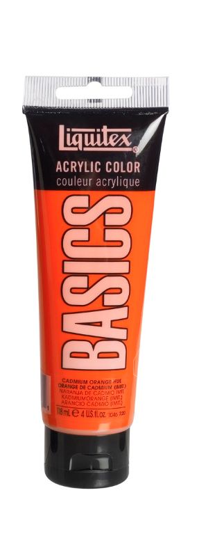 Vibrant 118ml Liquitex Basics Acrylic Paint in Cadmium Orange Hue, featuring thick consistency and satin finish for artists.