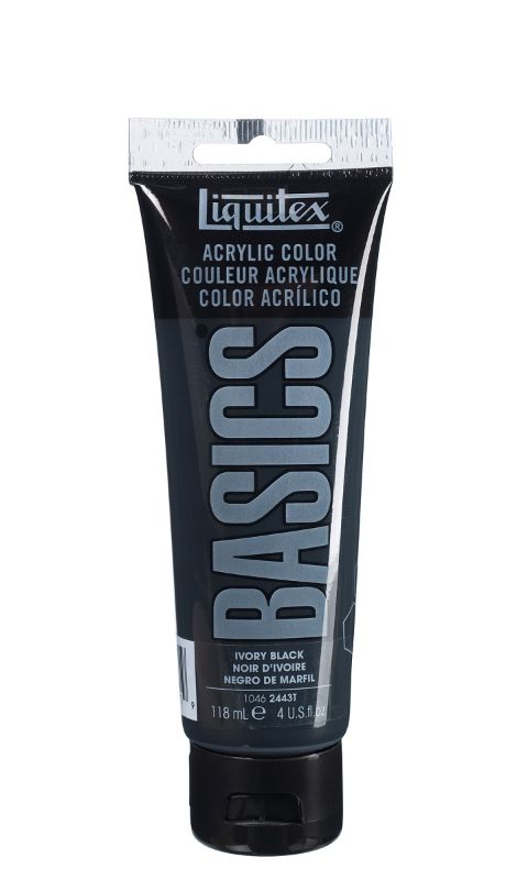 A 118ml tube of Liquitex Basics Acrylic Paint in Ivory Black, featuring a thick, creamy texture with a satin finish.
