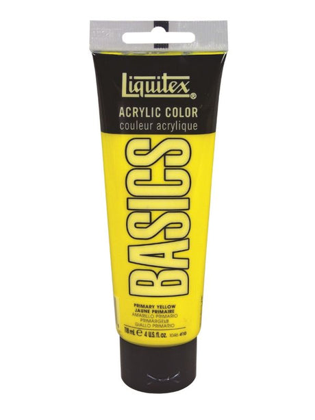 Vibrant Primary Yellow acrylic paint (118ml) with thick consistency, satin finish, ideal for artists and educational use.