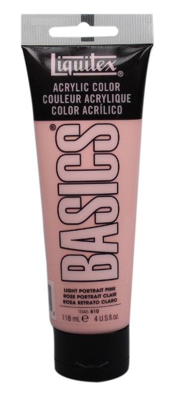 Liquitex Basics 118ml acrylic paint in Light Portrait Pink, featuring a creamy texture and satin finish for vibrant artworks.