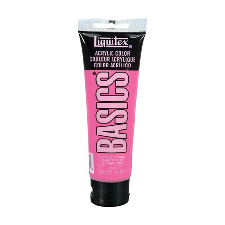 Vibrant Medium Magenta acrylic paint in a 118ml tube, ideal for artists, with excellent coverage and a satin finish.