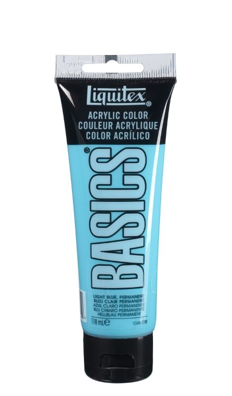 Light Blue Permanent acrylic paint in a 118ml tube, featuring a thick, creamy texture and satin finish for vibrant artwork.