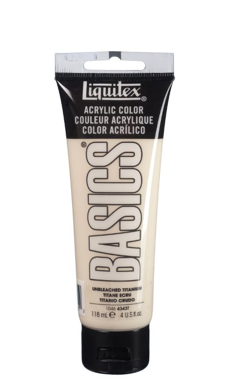 Thick, creamy Unbleached Titanium acrylic paint in 118ml tube, ideal for color mixing and art education, featuring a satin finish.