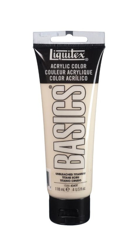 Thick, creamy Unbleached Titanium acrylic paint in 118ml tube, ideal for color mixing and art education, featuring a satin finish.