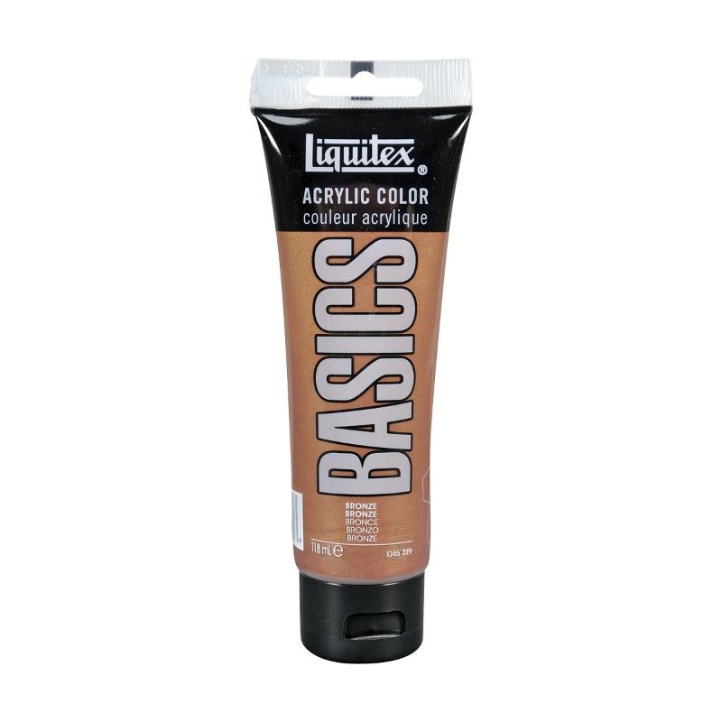 A 118ml tube of Liquitex Basics Acrylic Paint in Bronze, featuring a thick, creamy texture and satin finish for vibrant artwork.