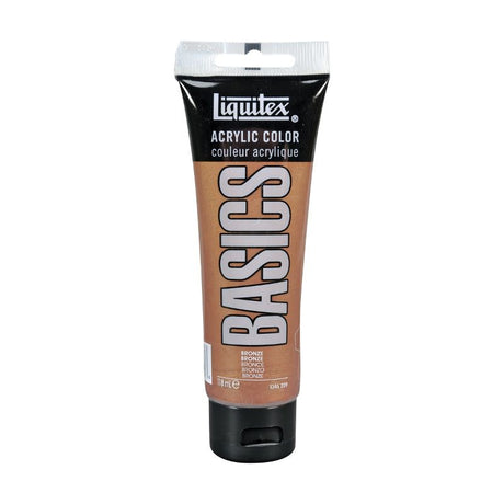 A 118ml tube of Liquitex Basics Acrylic Paint in Bronze, featuring a thick, creamy texture and satin finish for vibrant artwork.