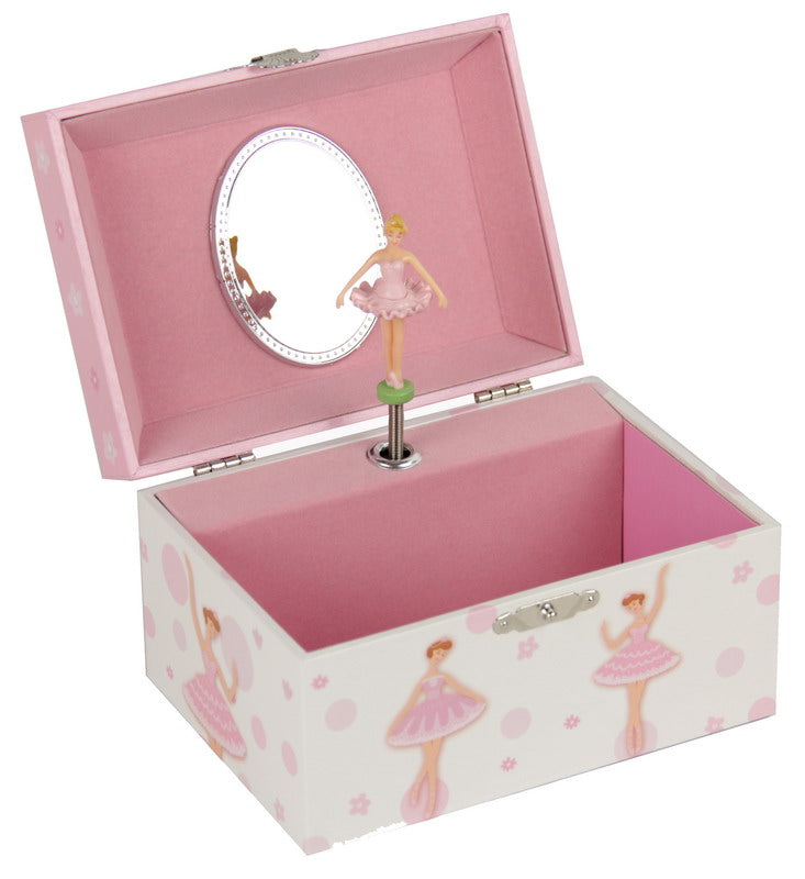 Musical jewelry box with three ballerinas, mirror, soft lining, plays "Skaters Waltz," and measures 15x10.5x8.5 cm.