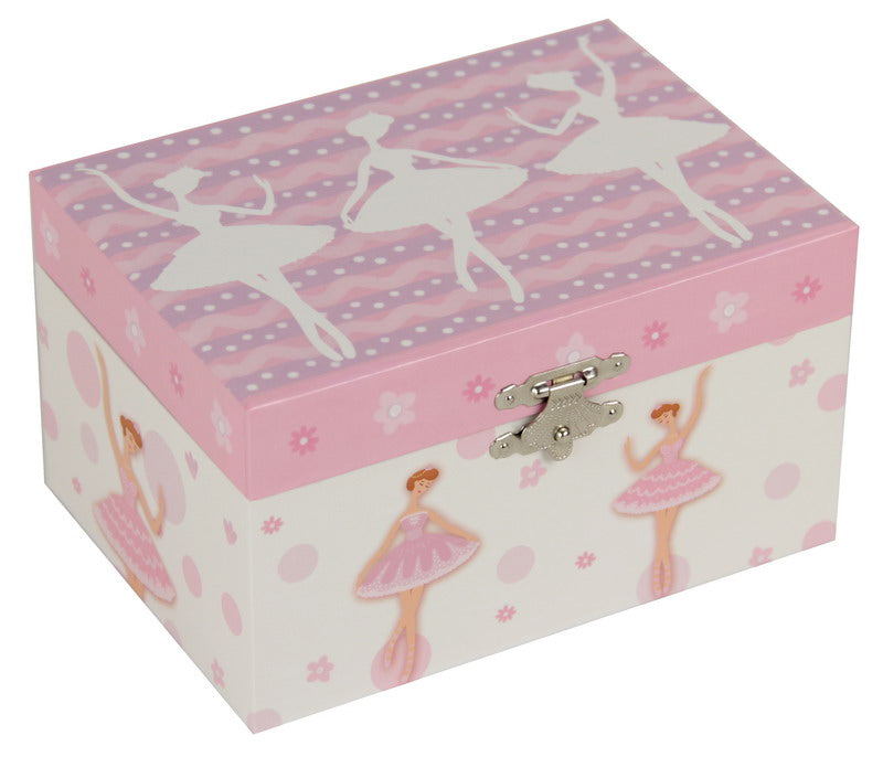 Musical jewelry box with a mirror, flocked lining, and 3 dancing ballerinas; plays "Skaters Waltz."