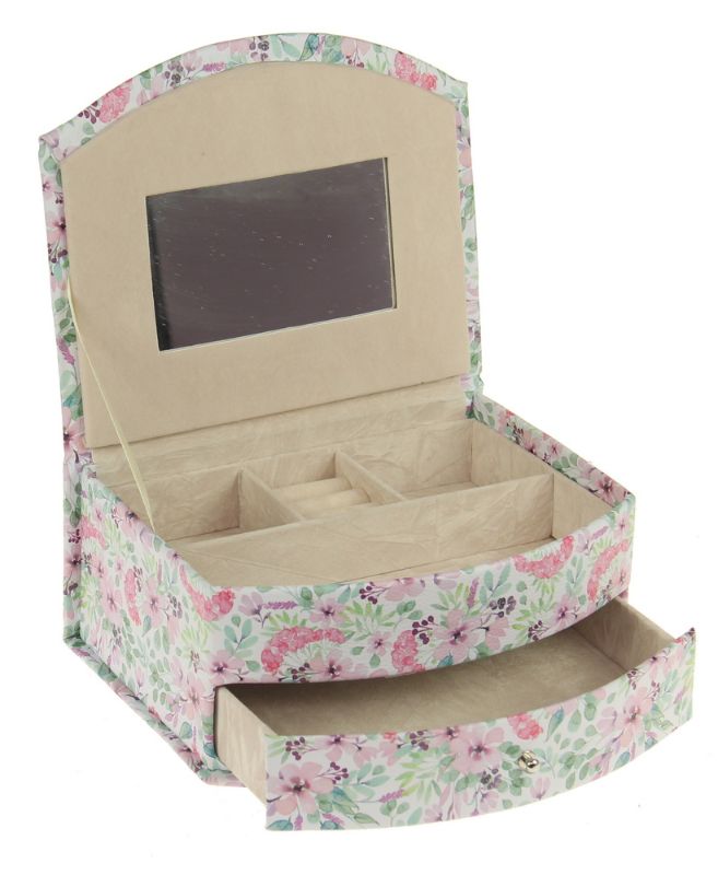 Elegant curved front PU leather jewellery box, measuring 21cm, featuring multiple compartments for organized storage.