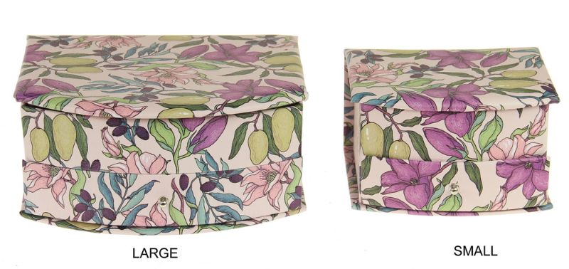 Elegant small jewelry box with curved front and floral design, perfect for organizing rings and trinkets.