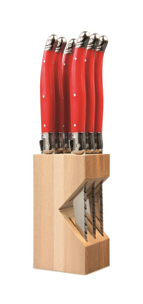 Set of 6 vibrant red Laguiole steak knives with comfortable handles, stainless steel blades, and elegant wooden canteen.