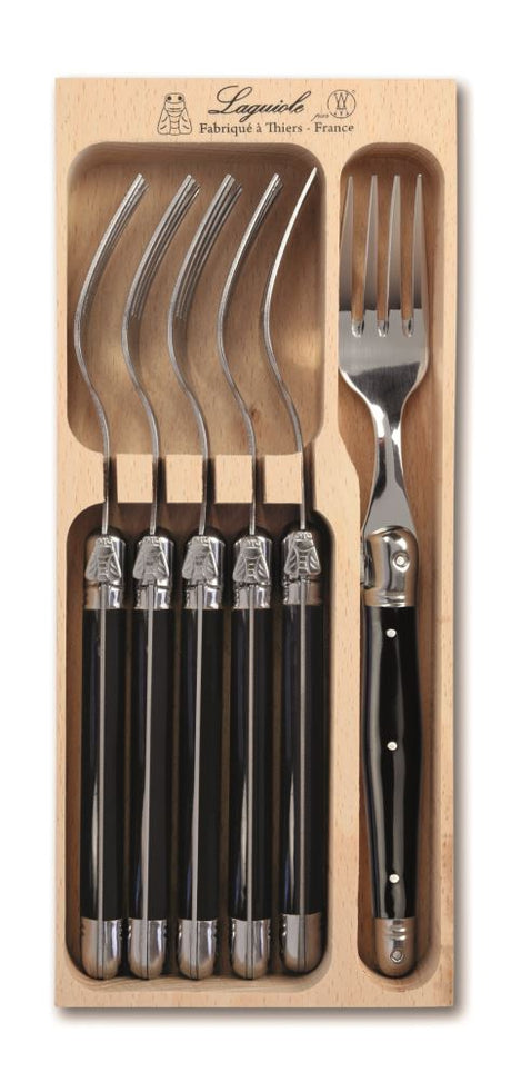 Set of 6 black forks by Andre Verdier, crafted in stainless steel with resin handles, featuring the Laguiole Bee emblem.