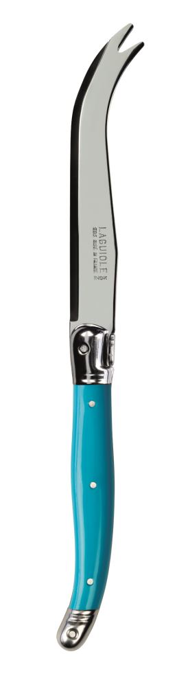 Set of 3 Andre Verdier cheese knives featuring stainless steel blades and vibrant resin handles, adorned with the Laguiole Bee.