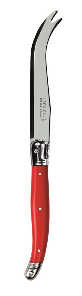 Set of 3 red-handled cheese knives with stainless steel blades, featuring the Laguiole Bee, perfect for cutting and serving cheese.