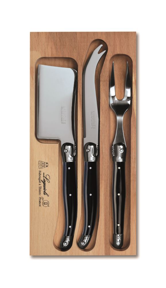Elegant 3-piece black cheese set by Andre Verdier, featuring stainless steel knife, fork, and cleaver with riveted handles.