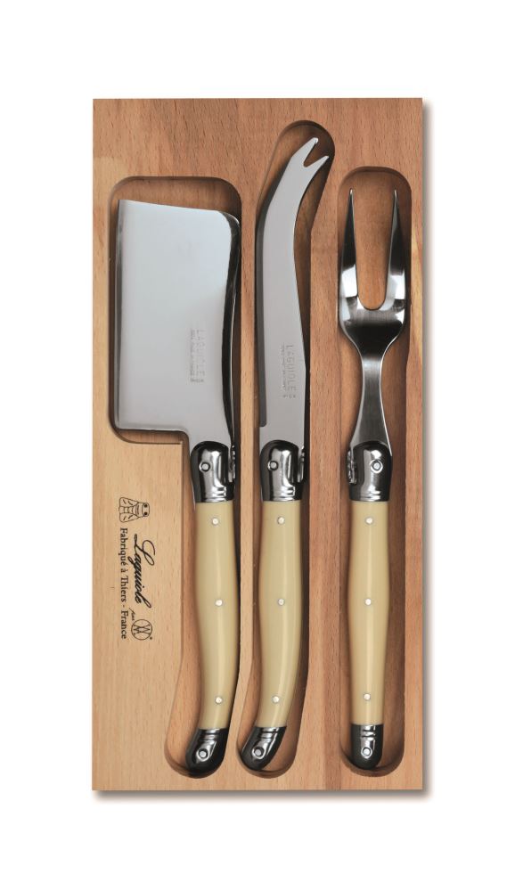 Elegantly crafted 3-piece cheese set with ivory handles, including knife, fork, and cleaver for stylish serving.