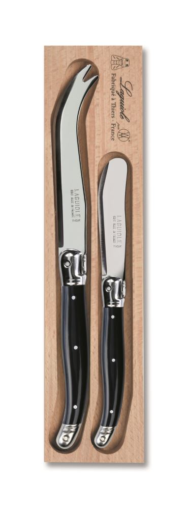 Two Piece Cheese Set in Black by Andre Verdier, featuring stainless steel blades and vibrant resin handles with Laguiole Bee.