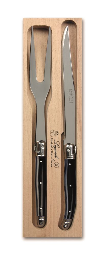 Elegant Andre Verdier Black Carving Set with stainless steel knife and fork, featuring high-quality resin handles and Laguiole Bee.
