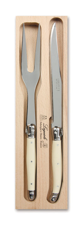 Elegant Andre Verdier Carving Set Ivory with stainless steel knife and fork, luxurious ivory handles, and Laguiole Bee emblem.