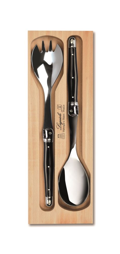 Elegant black Laguiole salad server set by Andre Verdier, featuring stainless steel tines and luxurious resin handles.
